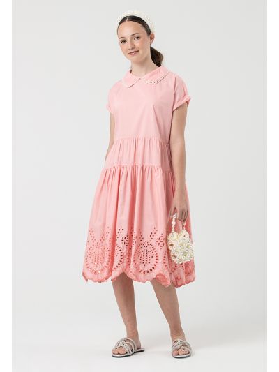 Tiered Schiffli Skirt Pearls Details Midi Dress -Sale