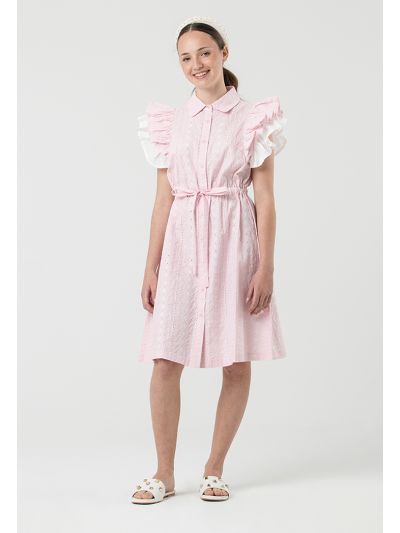 Schiffli Collared Button Tied Up Midi Dress -Sale