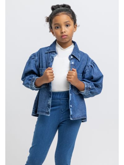 Puffy Sleeves Collared Buttoned Denim Shirt