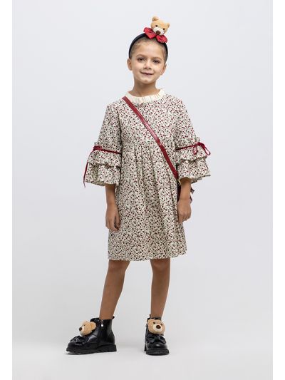 Flowers Printed Ruched Details Tiered Cuffs A-Line Dress -Sale