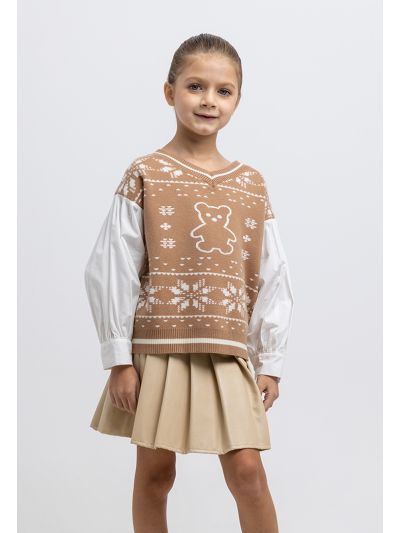 Teddy Bear Puffy Contrast Sleeve Knitted Blouse -Sale