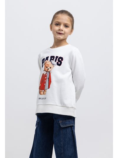 Teddy Bear Graphic Print Ribbed Hem Sweatshirt -Sale