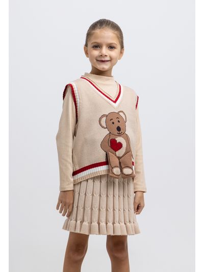 Teddy Bear Knitted Ribbed Hemline Sleeveless Sweater