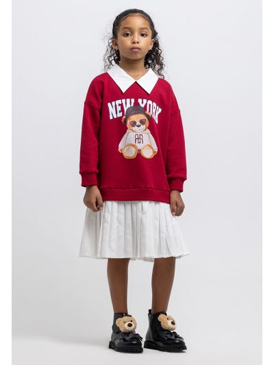 Collared Sweatshirt Skirt Graphic Teddy Bear Print Dress