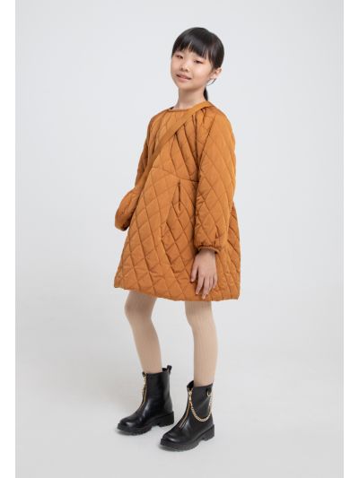 Puffy Sleeves Quilted A-Line Winter Dress With Bag