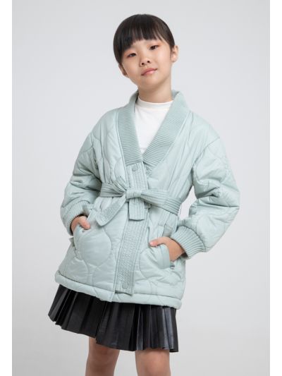 Waist Belt Solid Open Winter Jacket