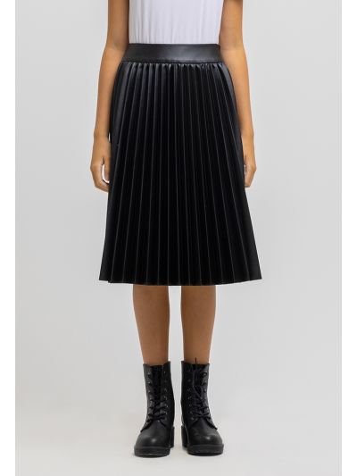 All Over Pleated Solid PU Leather Midi Skirt -Sale