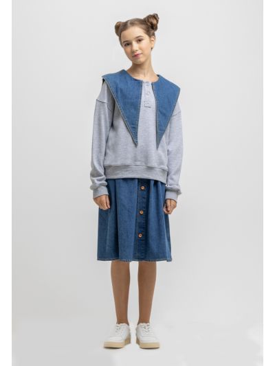 Flared Cut Elasticated Waist Faux Buttons Denim Skirt -Sale