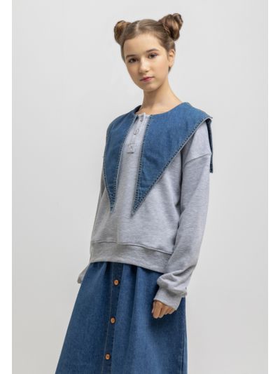 Contrast Denim Collar Buttons Ribbed Blouse -Sale