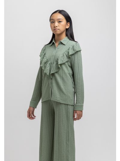 Textured Ruffled Collared Self Tie Waist Band Blouse -Sale