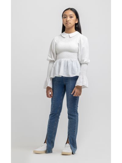 Flared Cut Front Slit High Rise Denim Jeans -Sale