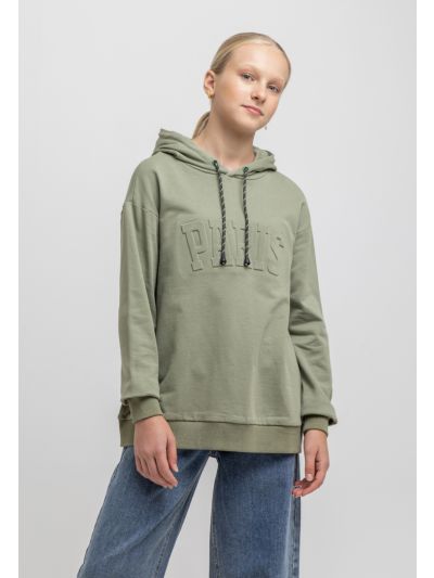 Embossed Paris Print Solid Drawstring Hoodie -Sale