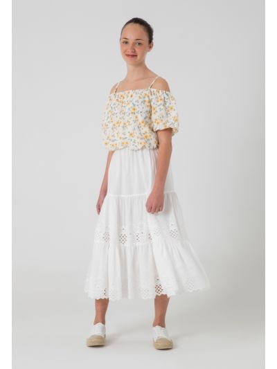 Solid Schiffli Tiered Lace Midi Skirt