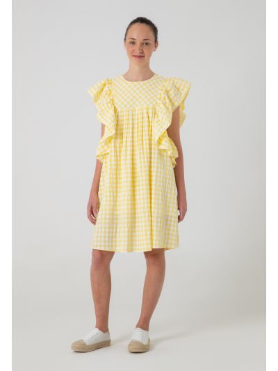 Plaid Seersucker Midi Ruffle Dress