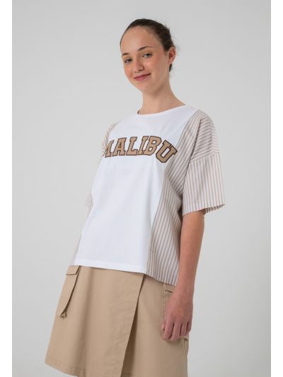 Embroidered Text Stripe Pattern T- Shirt
