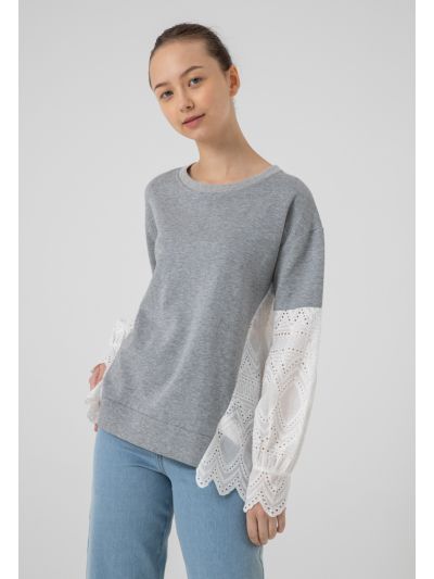 Ribbed Schiffli Long Sleeves Blouse