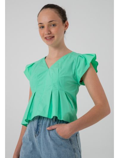 Solid Ruffle Pleated Poplin Blouse