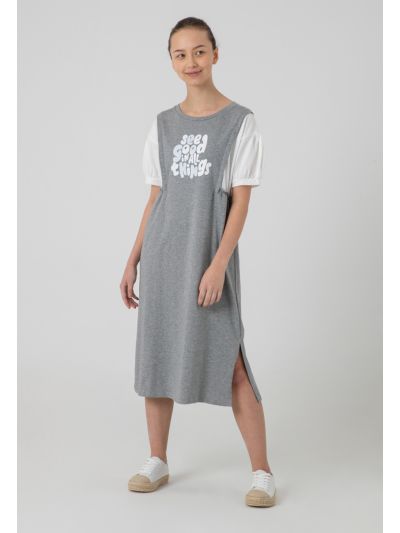 Sequin Text Print Puff Dress