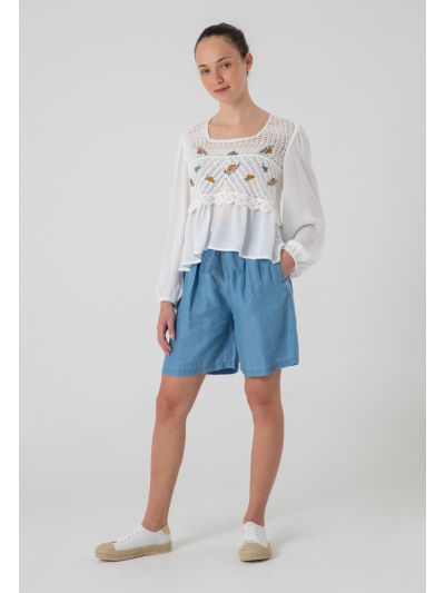 Frill Self Tie Denim Loose Short -Sale
