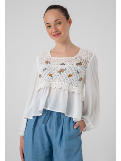 Crochet Embroidery Chiffon Long Sleeves Blouse 
