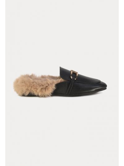 Metal Decor Vamp Fluffy Flat Loafers -Sale