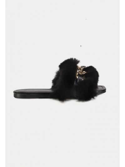 Furry Vamp With Chunky Chain PU Leather Flat Sandals