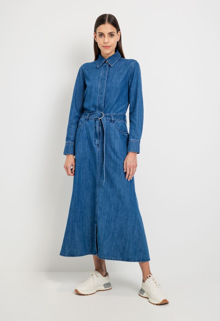 Belted Flared Maxi Denim Dress