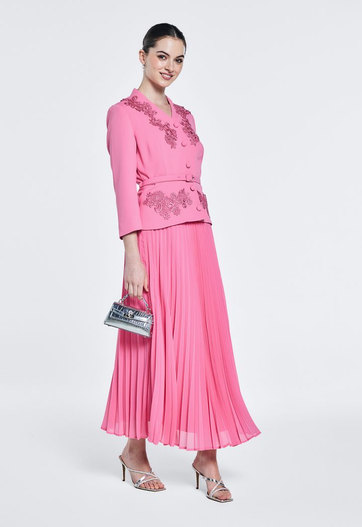 Lace Pleated Solid Midi Dress