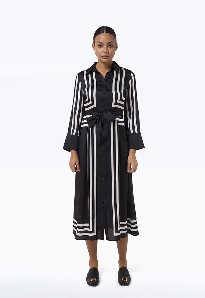 Contrast Lines Collared A Line Cut Maxi Shirt Dress