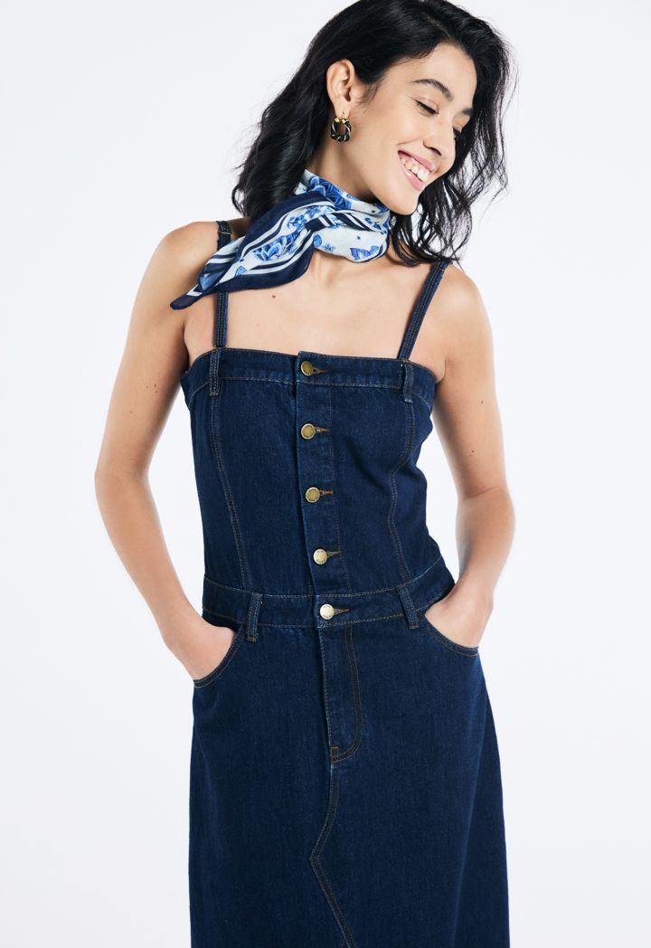 Smocked Back Denim Dungaree Dress