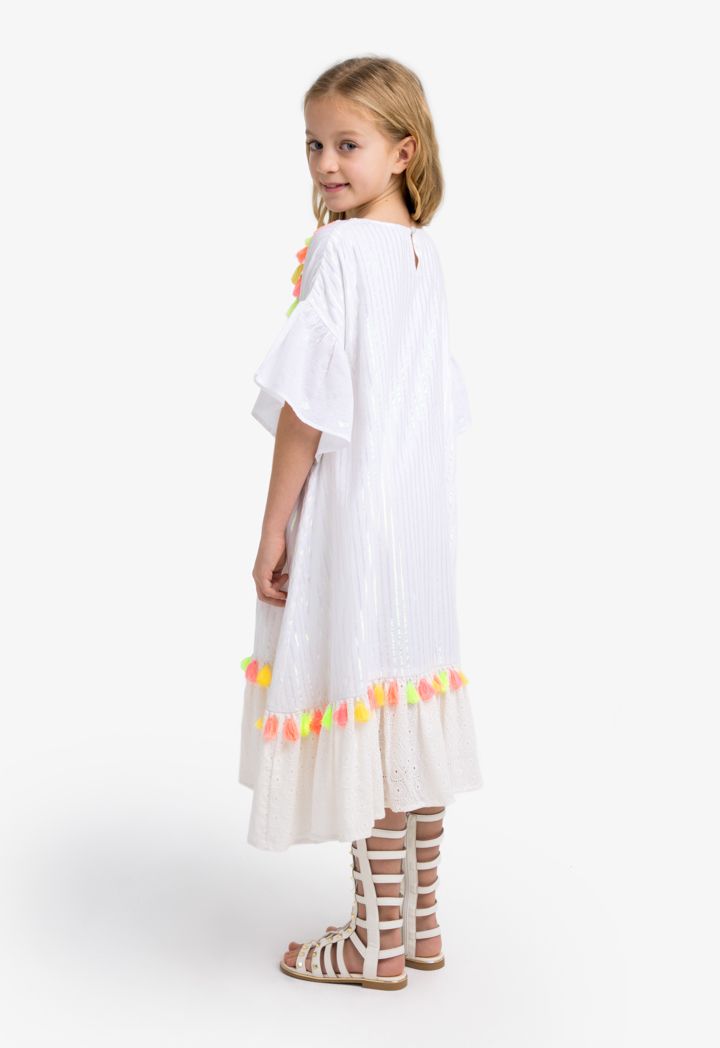 Striped Tassel Schiffli Ruffled Dress