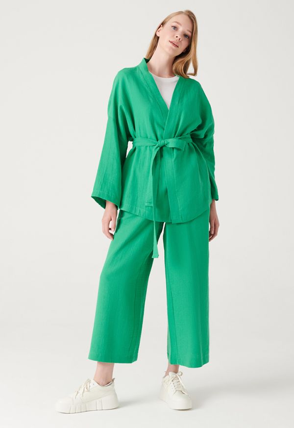 Solid Textured Open Kimono and Trouser Set -Sale