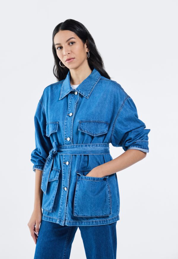 Multi Pocket Belted Denim Jacket