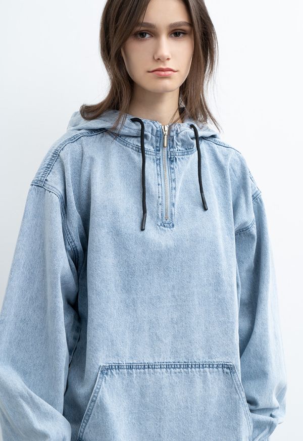 Solid Denim Loose Sweatshirt With Hood -Sale