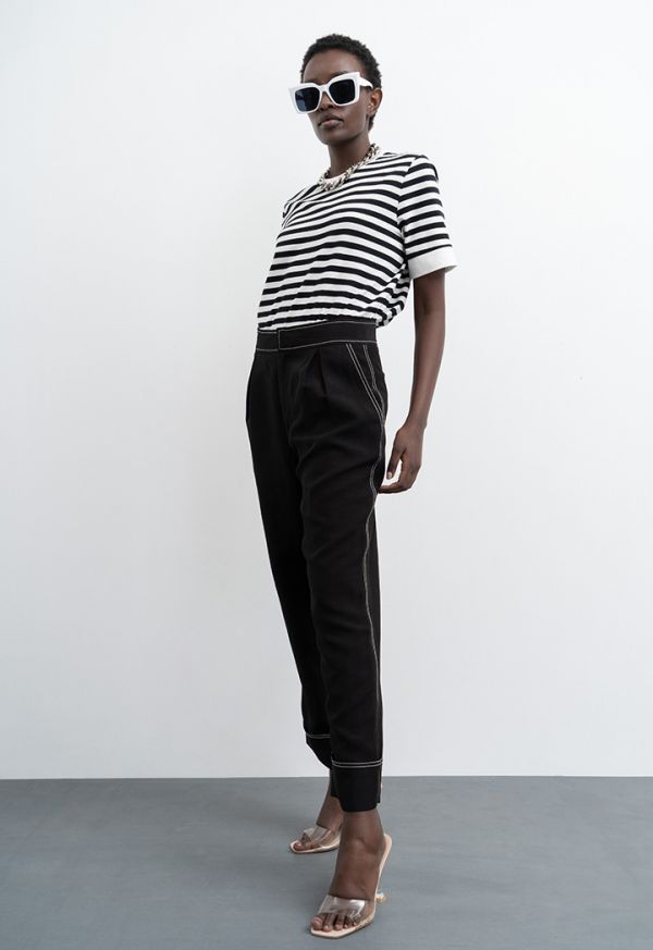 Contrast Running Stitch Solid Pants -Sale