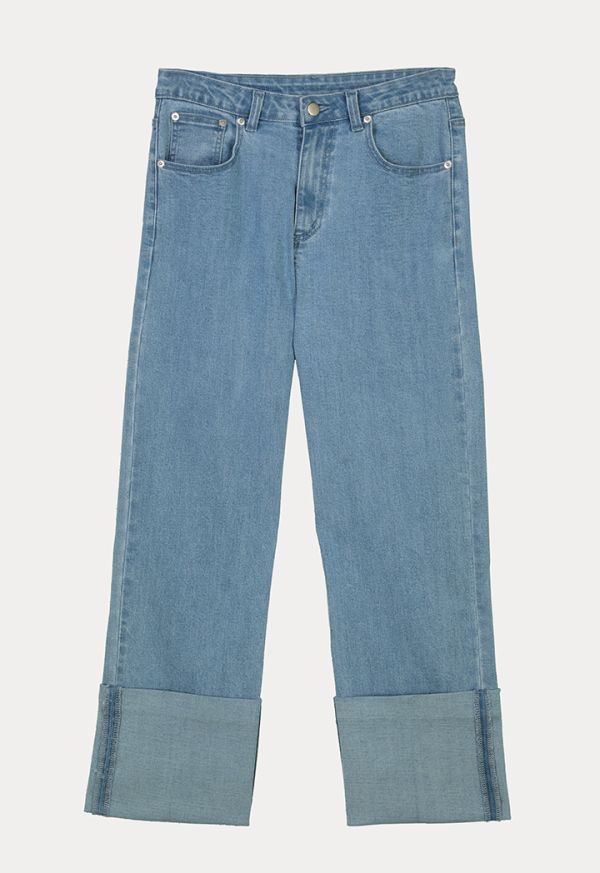 High Rise Regular Cut Folded Hem Denim Jeans