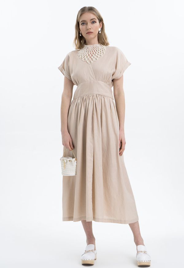 فستان كتان ماكسي بتصميم لف - ستايل رمضان- عروض