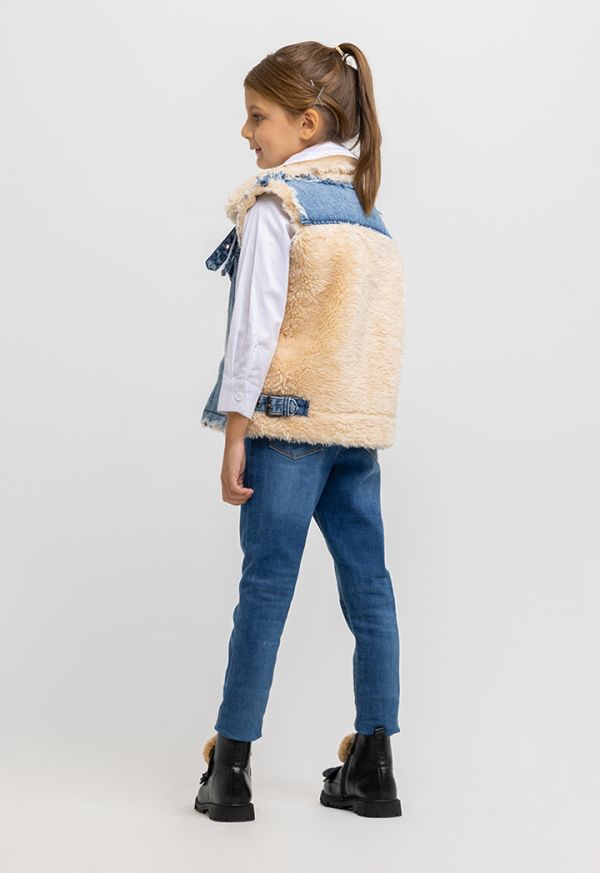 Sleeveless Fur Back Zipper Denim Jacket Sale