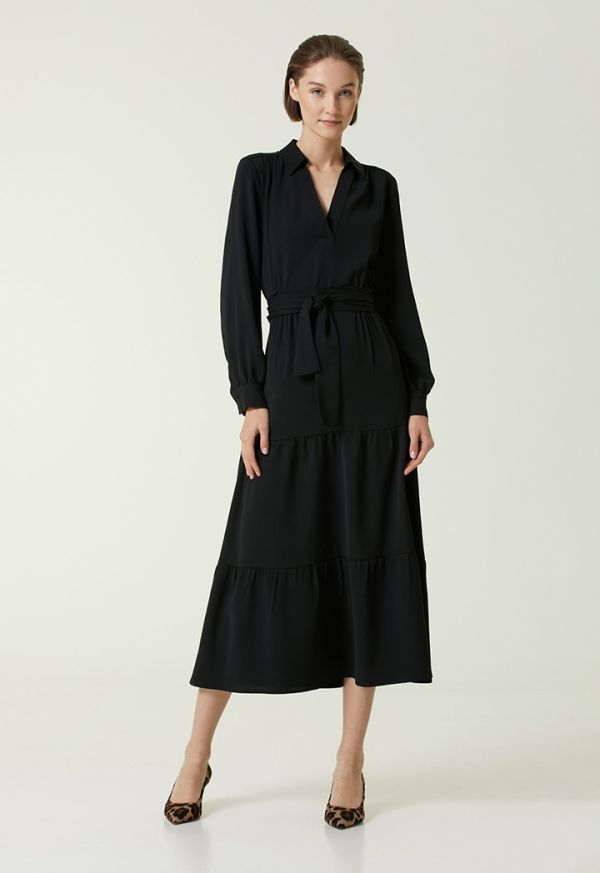 Collection Belted Midi Crepe Dress Black