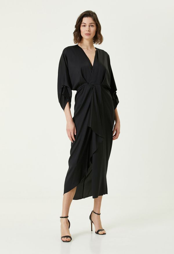 Collection Bat Sleeve Midi Silk Dress Black