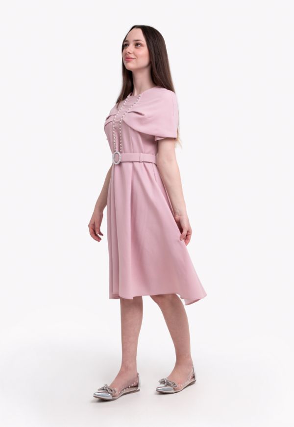 Cape Short Sleeves Pearl Belted Dress