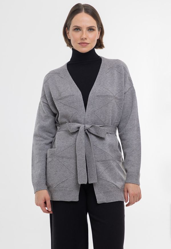 Textured Knitted Open Cardigan With Self-Tie Waist Band -Sale
