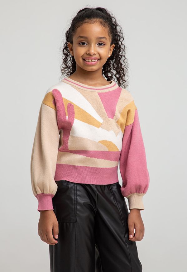 Crew Neck Multicolored Puffy Sleeves Knitted Jumper -Sale