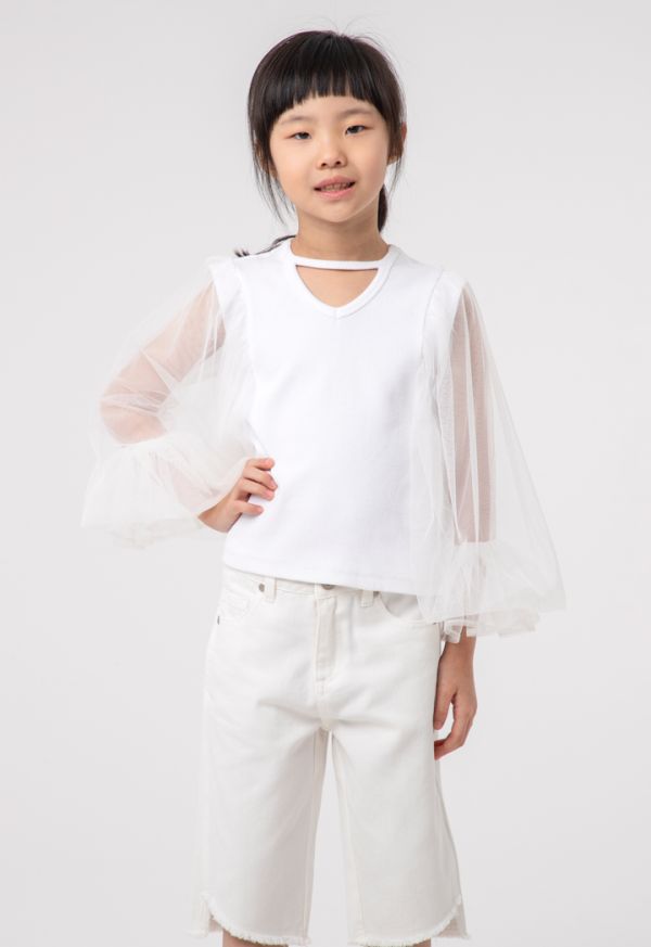 Puffy Net Sleeves Ribbed Solid Blouse -Sale