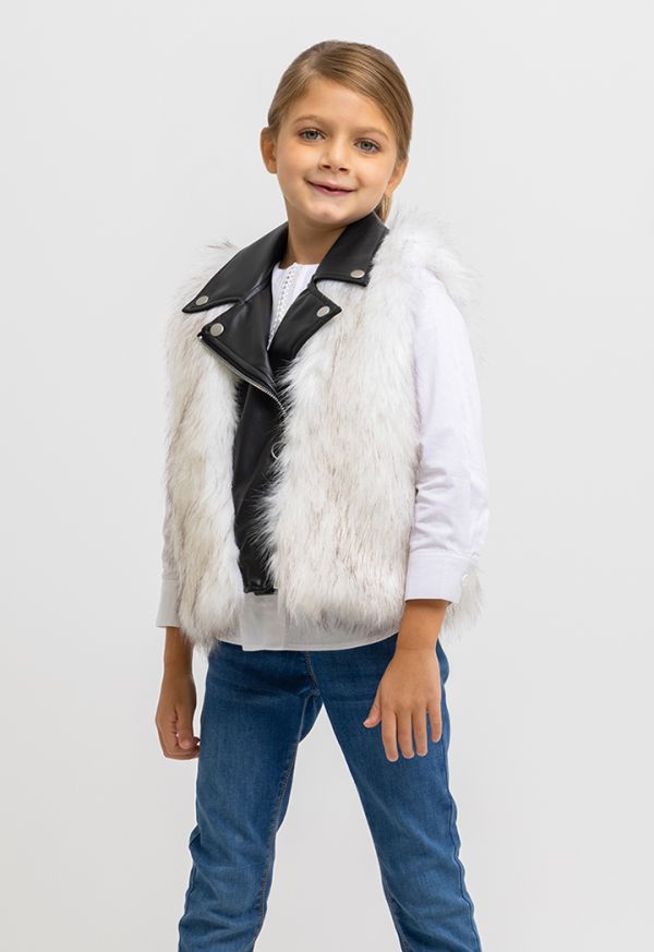 Faux Fur PU Leather Collared Details Sleeveless Jacket