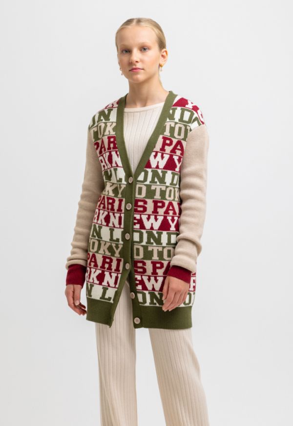 Lettering Knitted Long Sleeves Full Buttons Cardigan -Sale