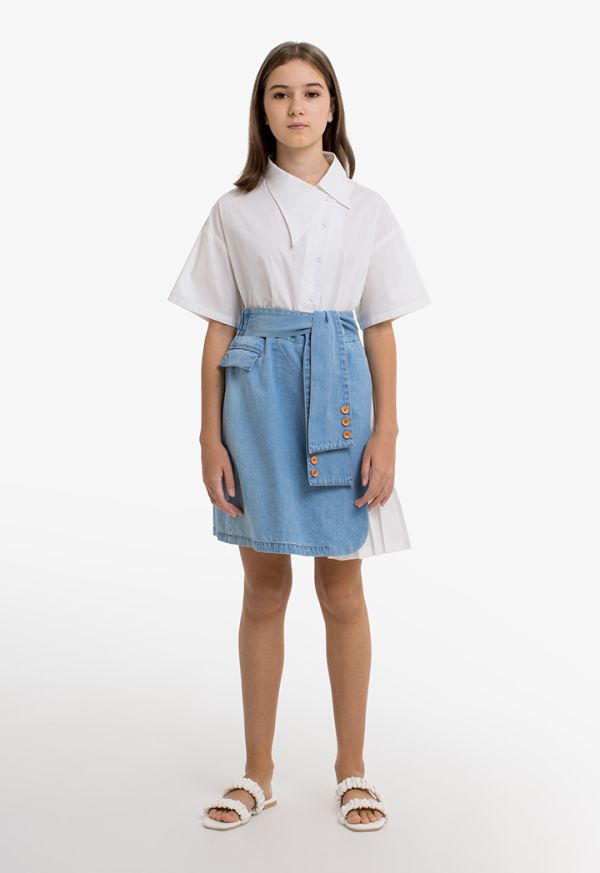 Short Belted Pleated Denim Skirt