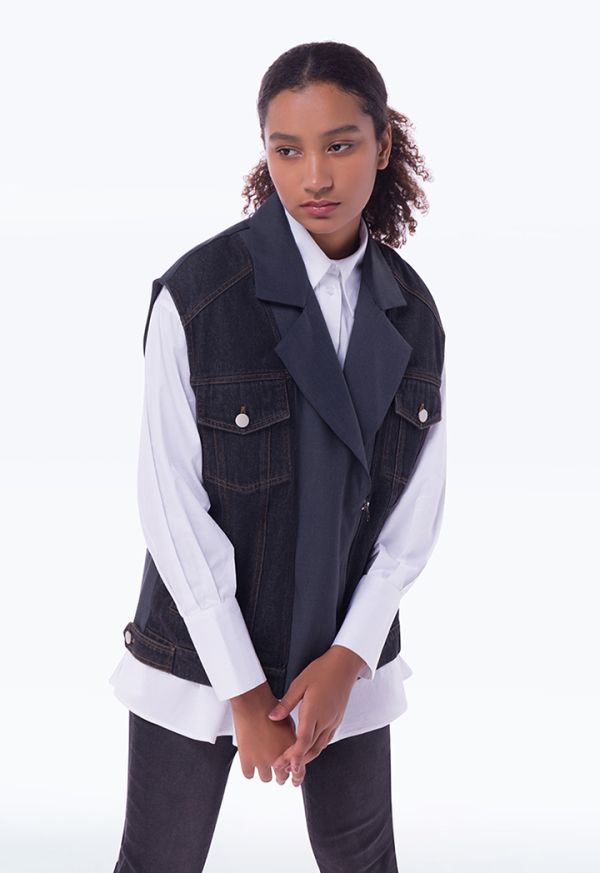 Denim Textured Sleeveless Vest Sale