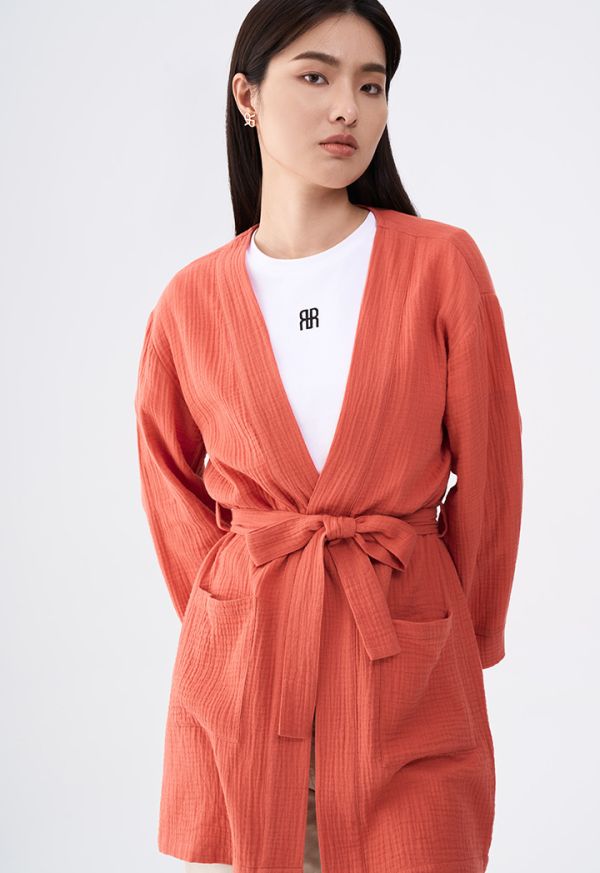 Crinkled Belted Solid Kimono