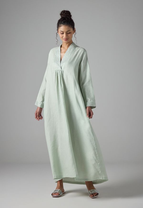 Long Sleeve Crystal Embellished Linen Dress